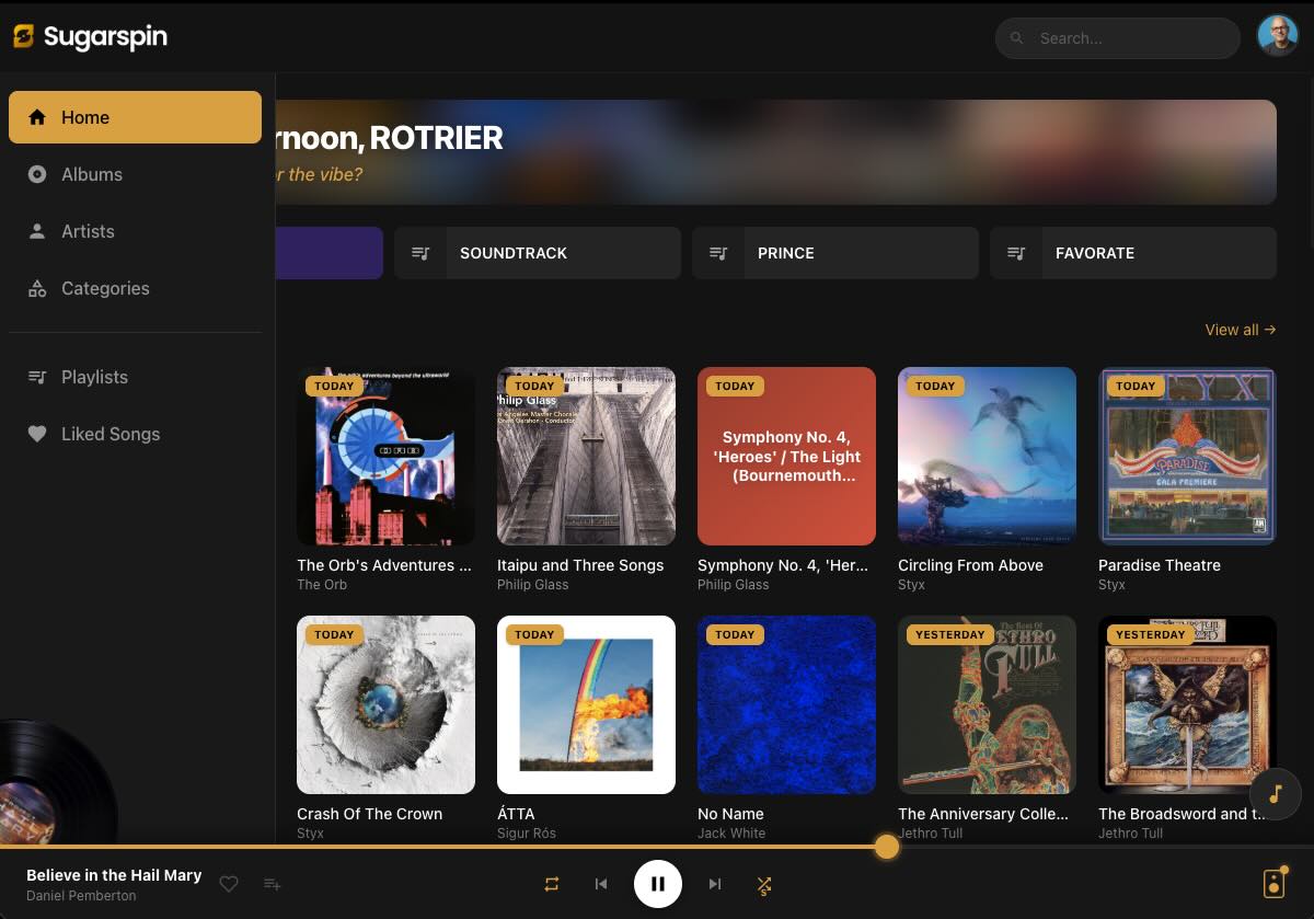 SugarSpin home page showing recently added albums and music library